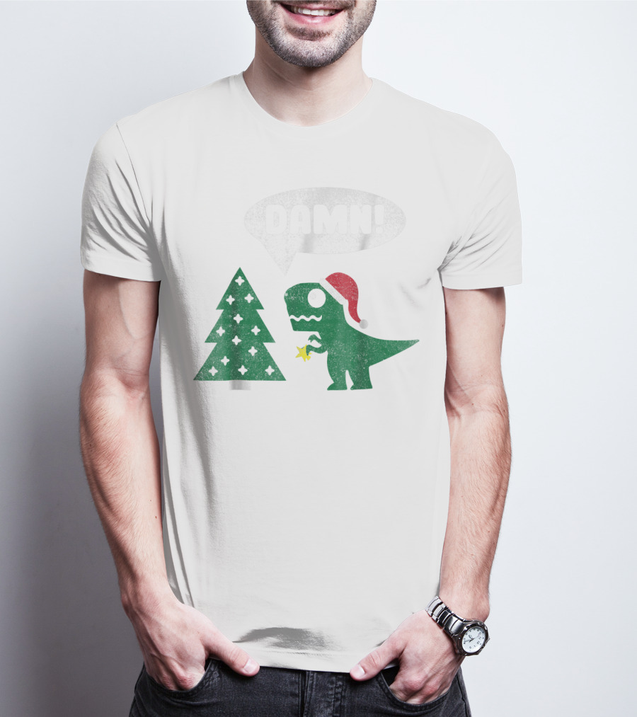 Damn Trex Hates Christmas Dinosaur Lover Funny Santa Dinosaur With Christmas Tree T-Shirt