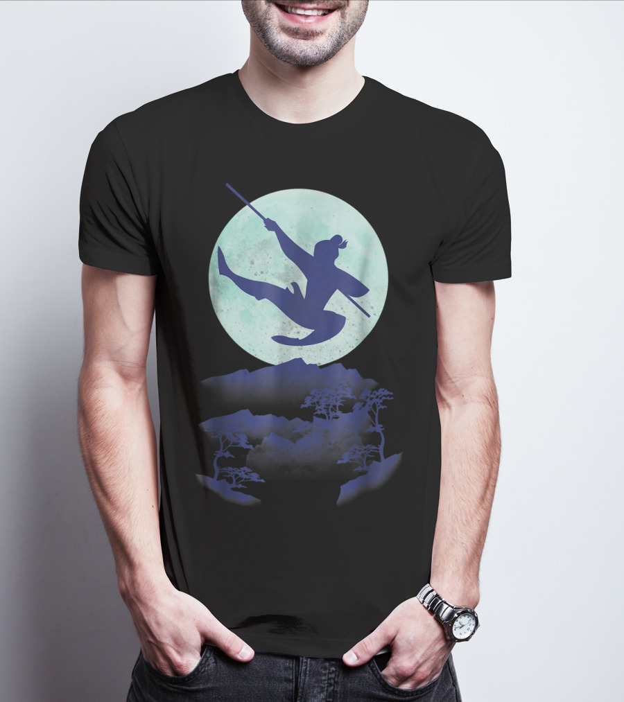 Disney Mulan Warrior Jump Against Full Moon Night Sky T-Shirt