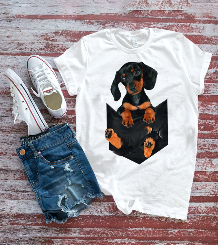 Doxie Dachshund Puppy Dog In Pocket T-Shirt