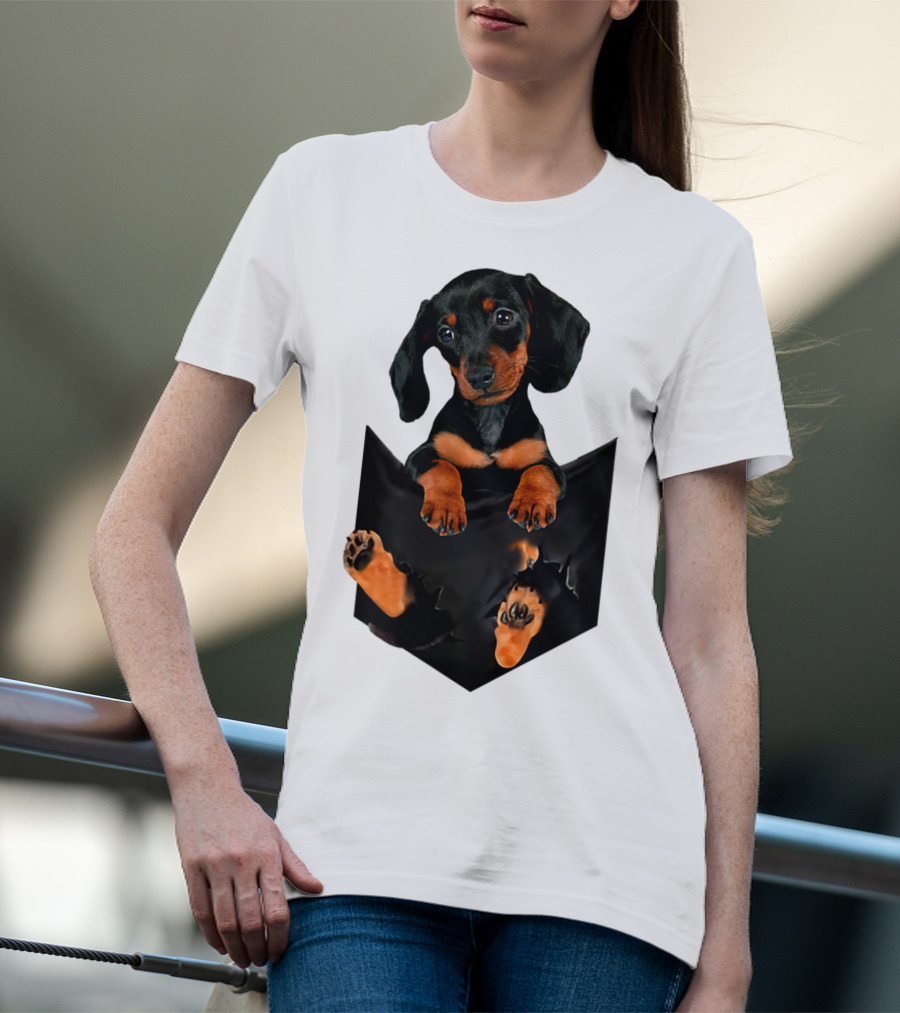 Doxie Dachshund Puppy Dog In Pocket T-Shirt