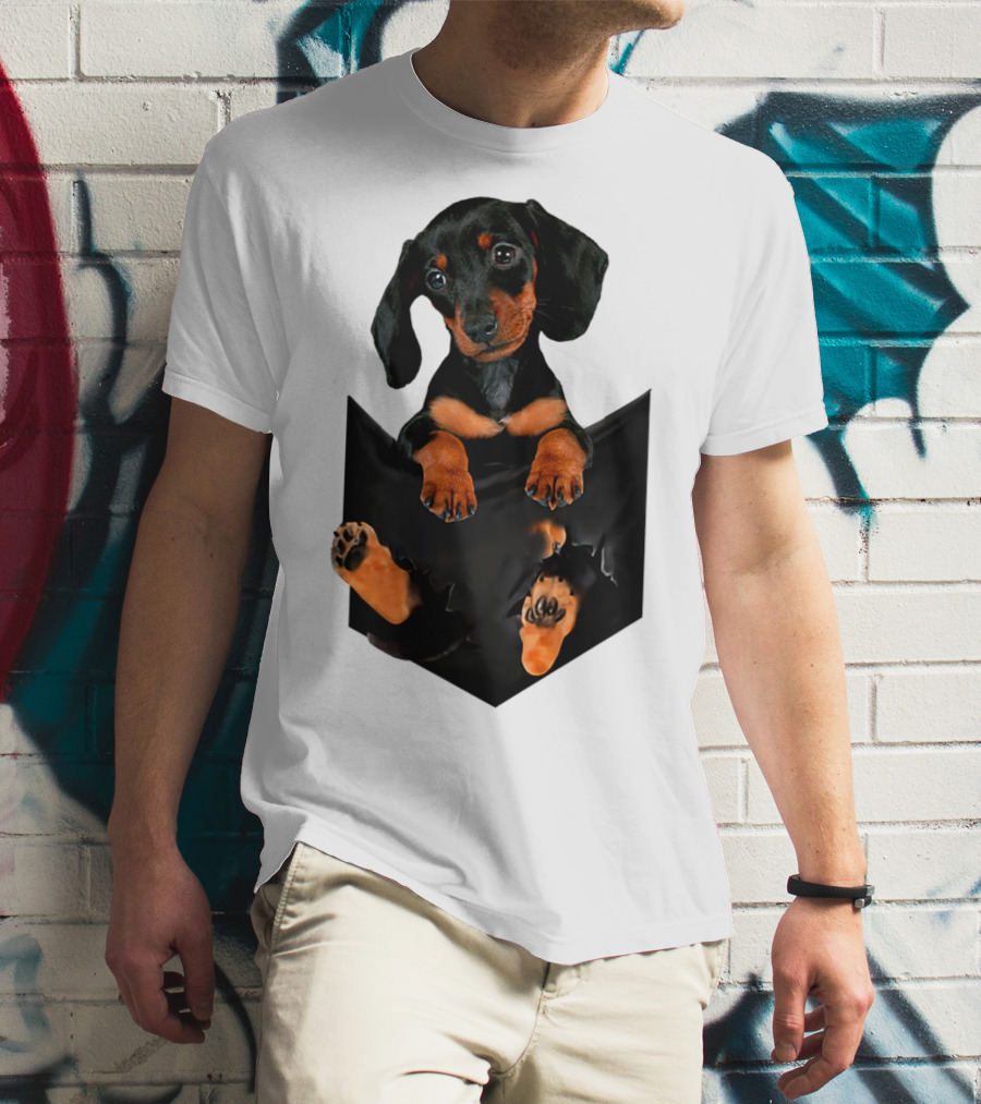 Doxie Dachshund Puppy Dog In Pocket T-Shirt
