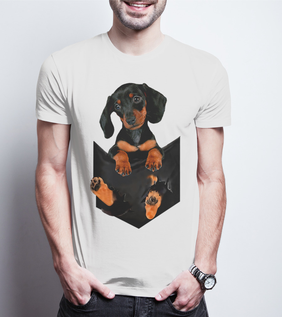 Doxie Dachshund Puppy Dog In Pocket T-Shirt