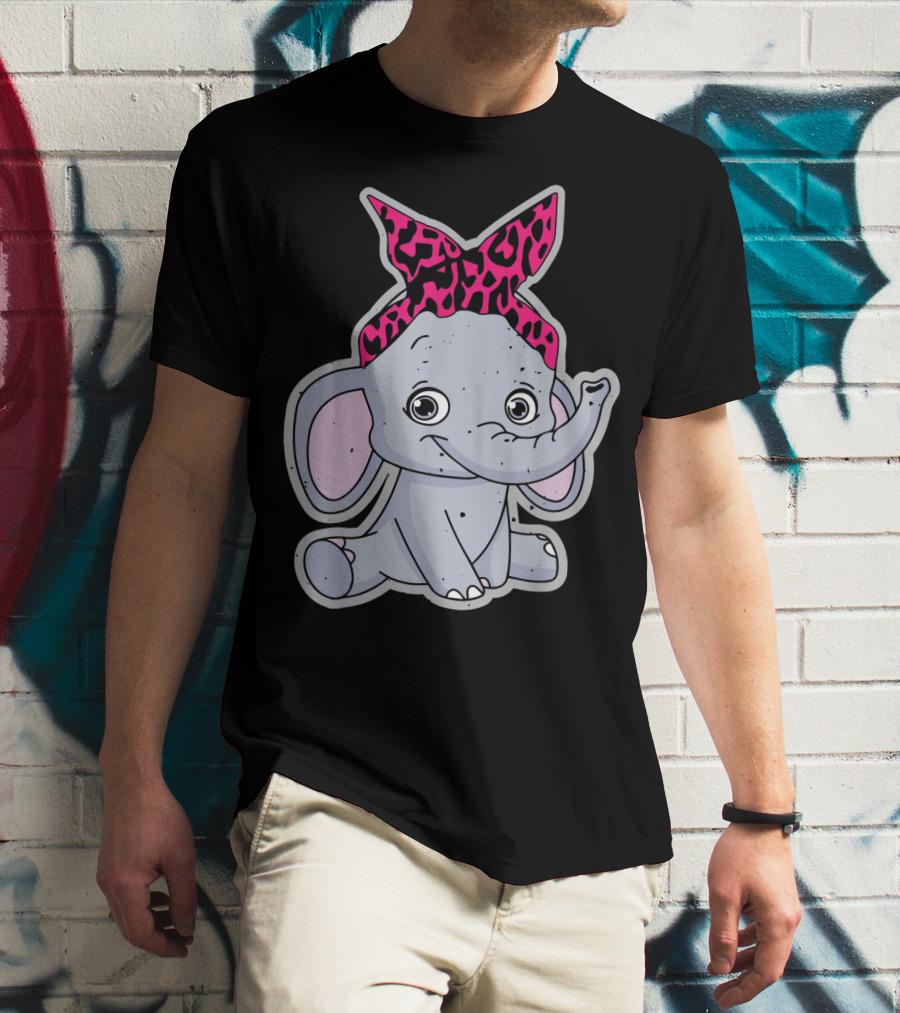 Elephants Cute Cartoon With Pink Leopard Bow T-Shirt