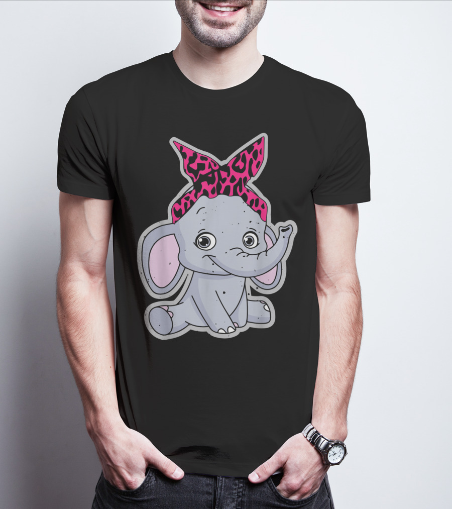 Elephants Cute Cartoon With Pink Leopard Bow T-Shirt