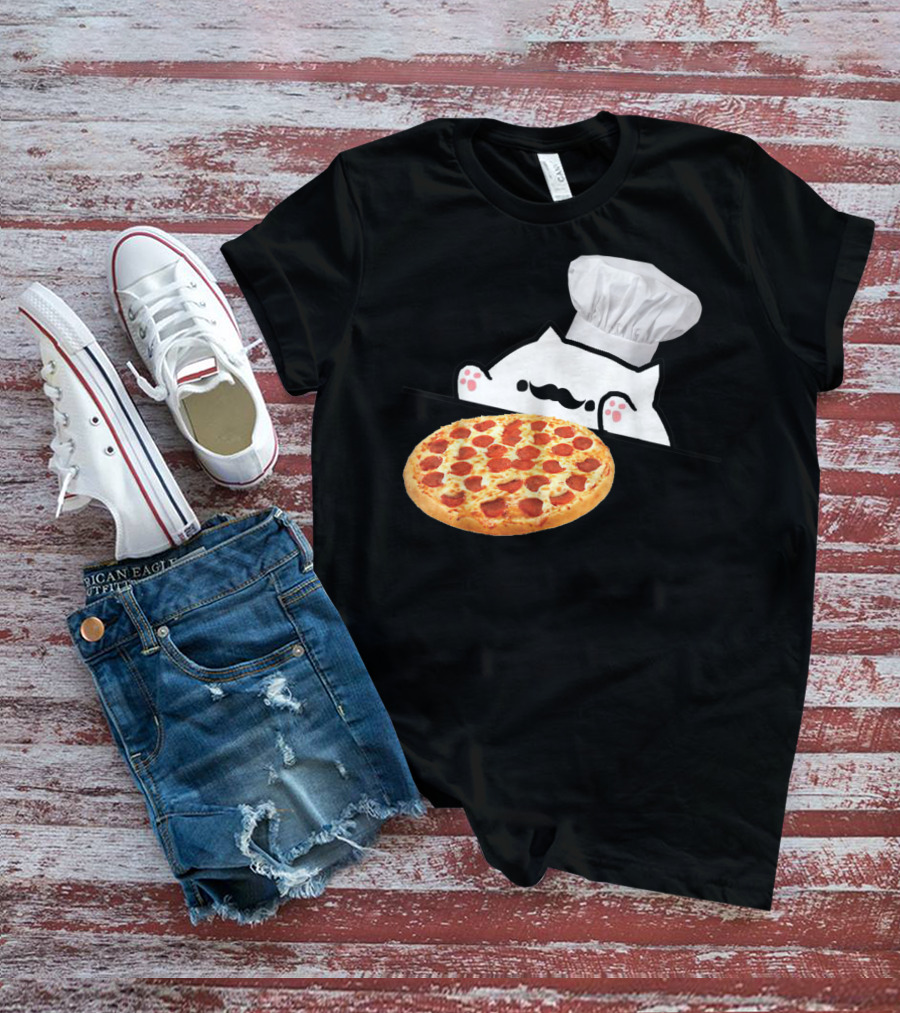 Bongo Cat Pizza Chef With Mustache And Pepperoni Pizza Humor T-Shirt