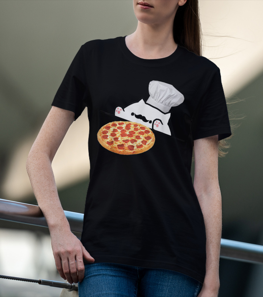 Bongo Cat Pizza Chef With Mustache And Pepperoni Pizza Humor T-Shirt