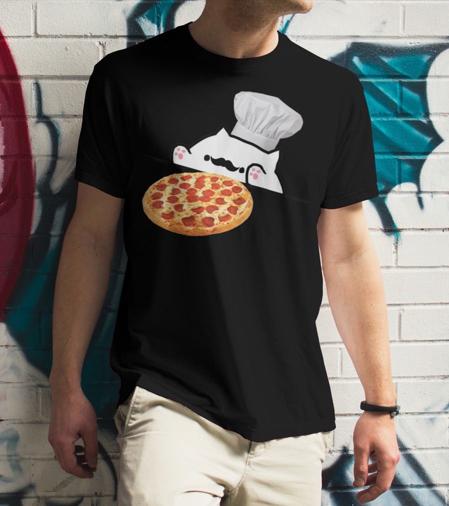 Bongo Cat Pizza Chef With Mustache And Pepperoni Pizza Humor T-Shirt