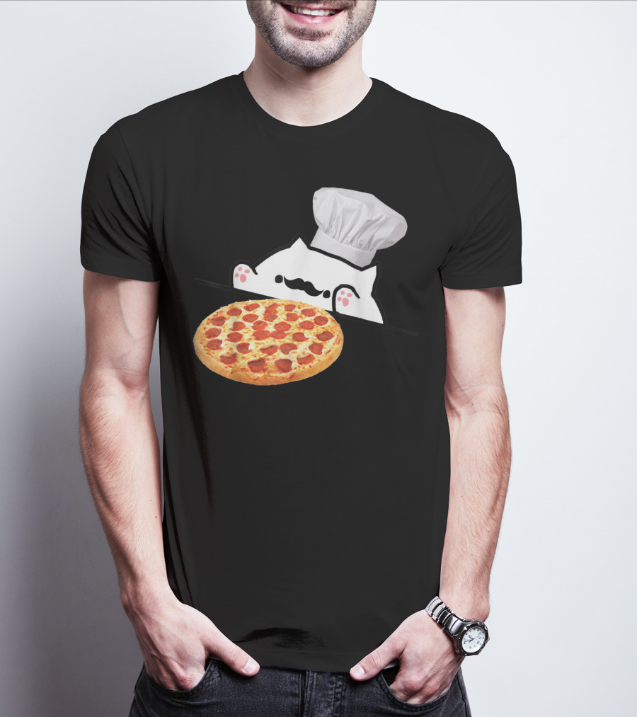 Bongo Cat Pizza Chef With Mustache And Pepperoni Pizza Humor T-Shirt