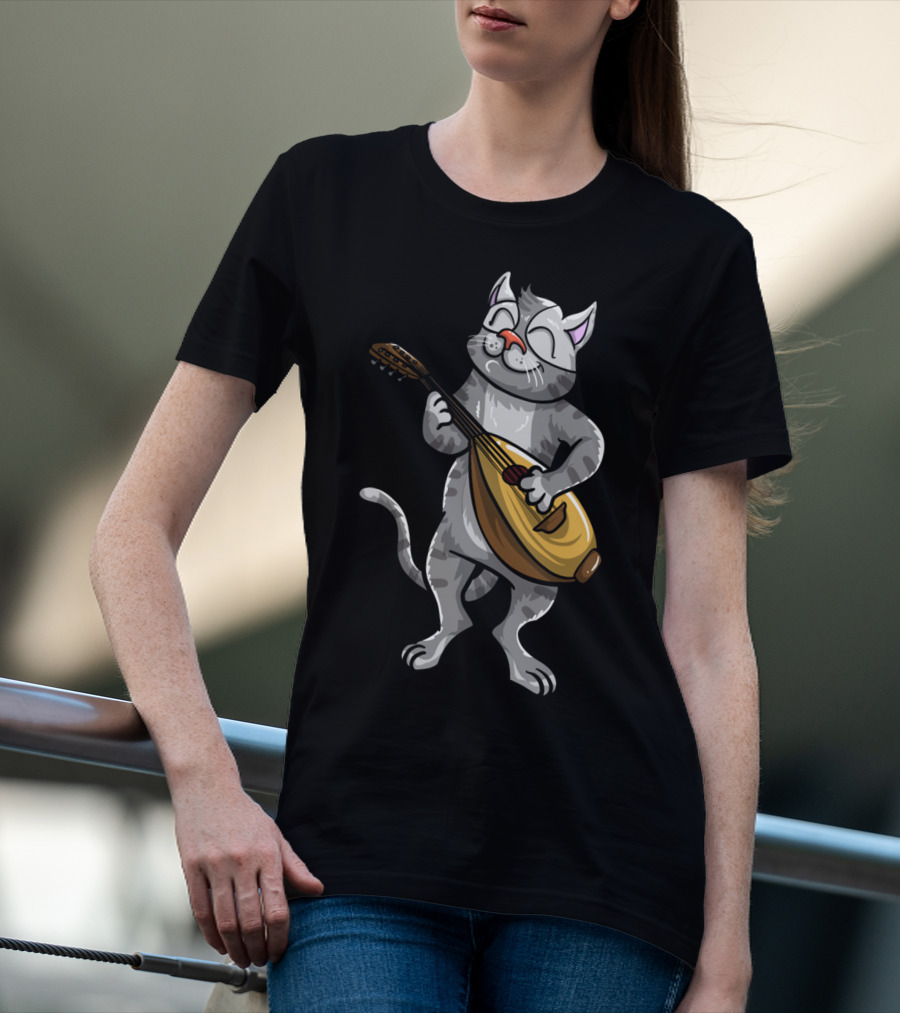 Funny Cool Cat Playing Lute Animal Musician T-Shirt