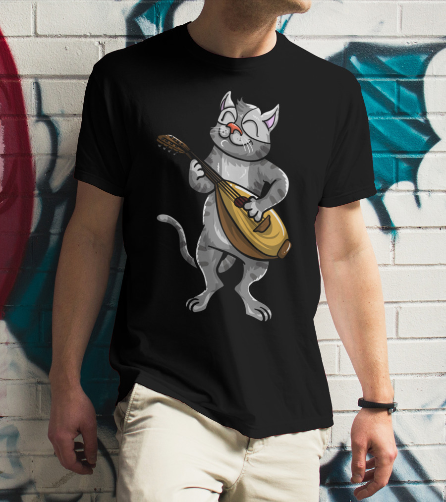 Funny Cool Cat Playing Lute Animal Musician T-Shirt