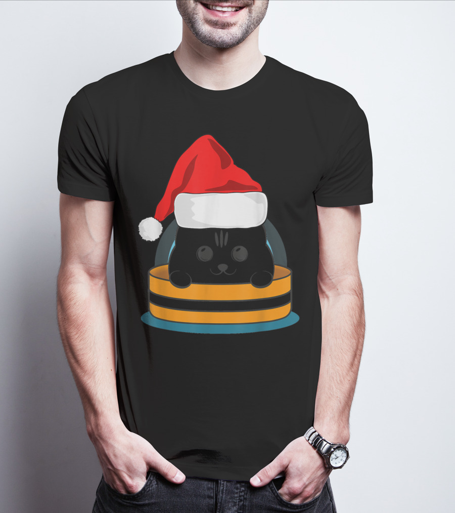 Cute Black Cat In Santa Hat Sitting Inside Orange And Black Barrel T-Shirt