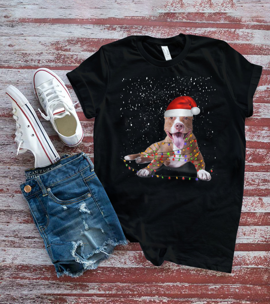 Merry Pitmas Pit Bull Christmas Dog With Santa Hat And Festive Lights T-Shirt