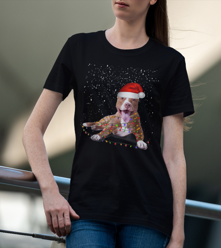 Merry Pitmas Pit Bull Christmas Dog With Santa Hat And Festive Lights T-Shirt