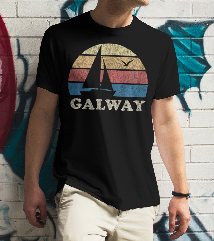 Galway Vintage Sailboat 70s Sunset With Seagull T-Shirt