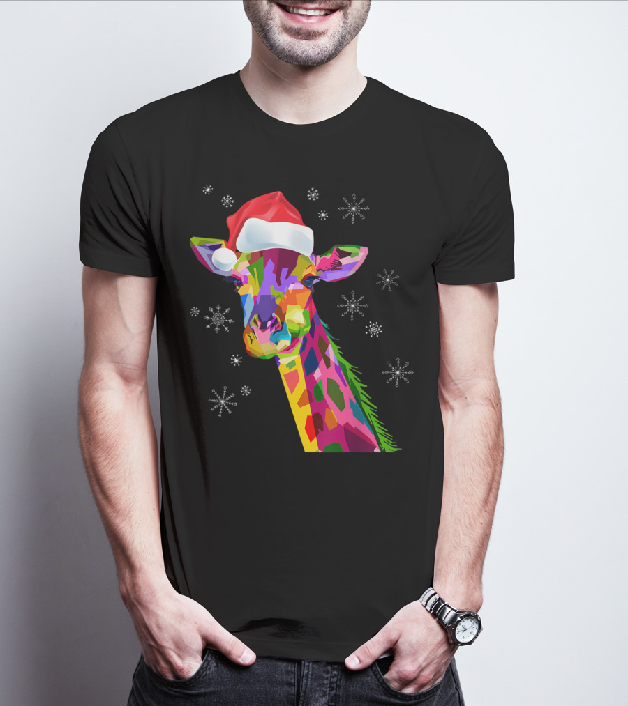 Giraffe Christmas Santa Hat Colorful Snowflakes T-Shirt