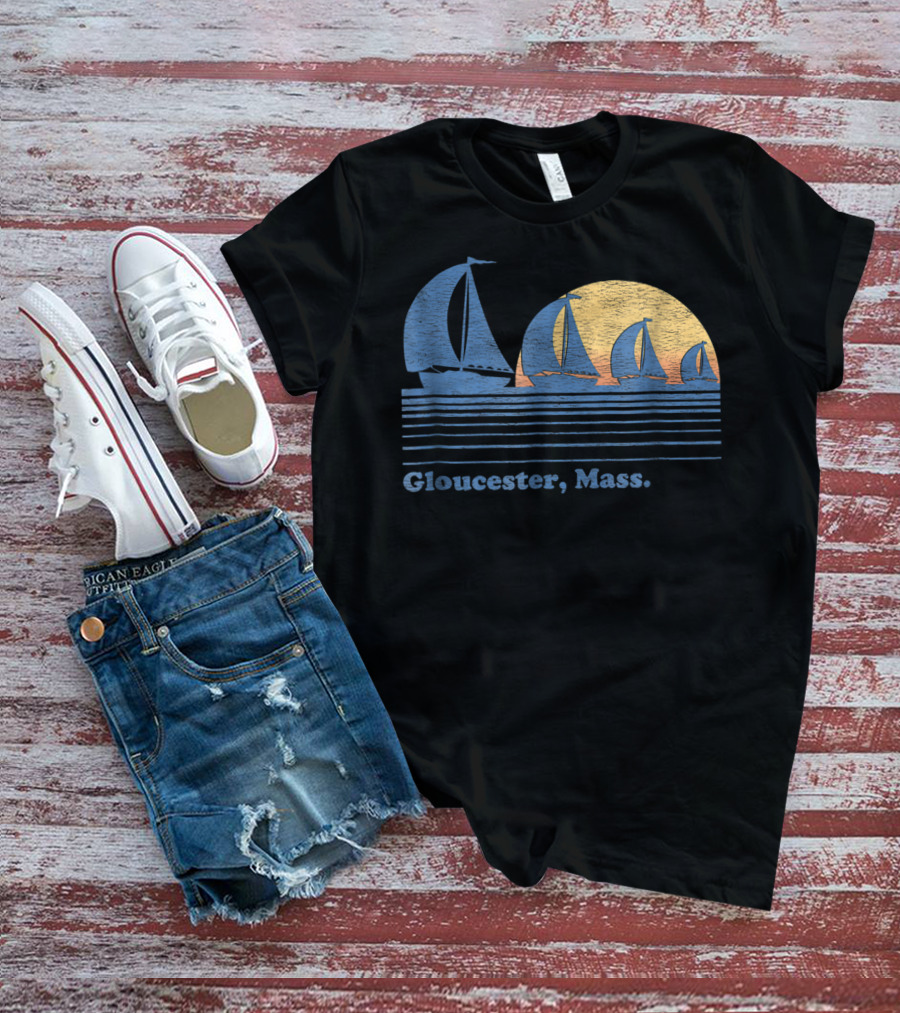 Gloucester Mass Vintage Sailboats And Sunset Scene T-Shirt