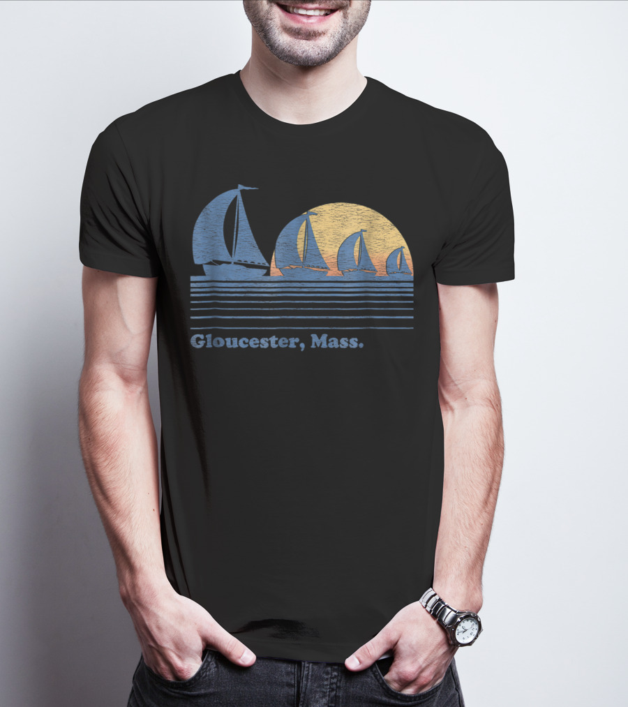 Gloucester Mass Vintage Sailboats And Sunset Scene T-Shirt