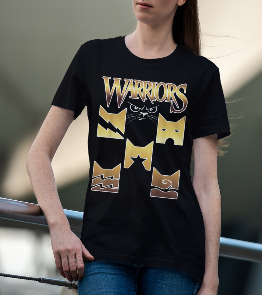 WARRIORS Golden Clan Cat Icons With Lightning, Eye, Star, Wave Symbols T-Shirt