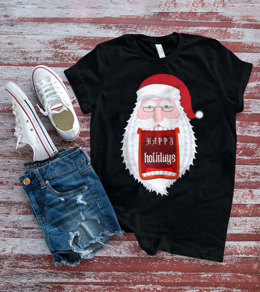 Happy Holidays Santa Zip Screaming Mouth With Glasses T-Shirt