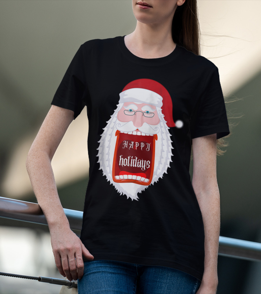 Happy Holidays Santa Zip Screaming Mouth With Glasses T-Shirt