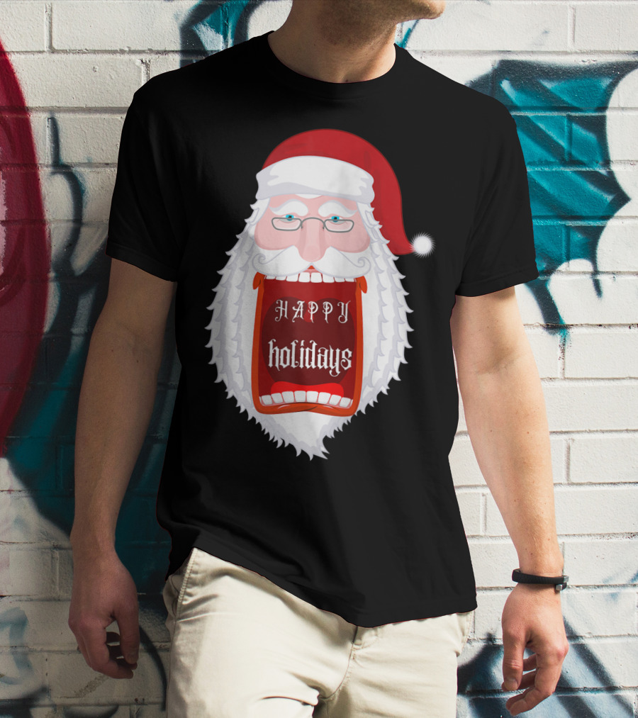 Happy Holidays Santa Zip Screaming Mouth With Glasses T-Shirt
