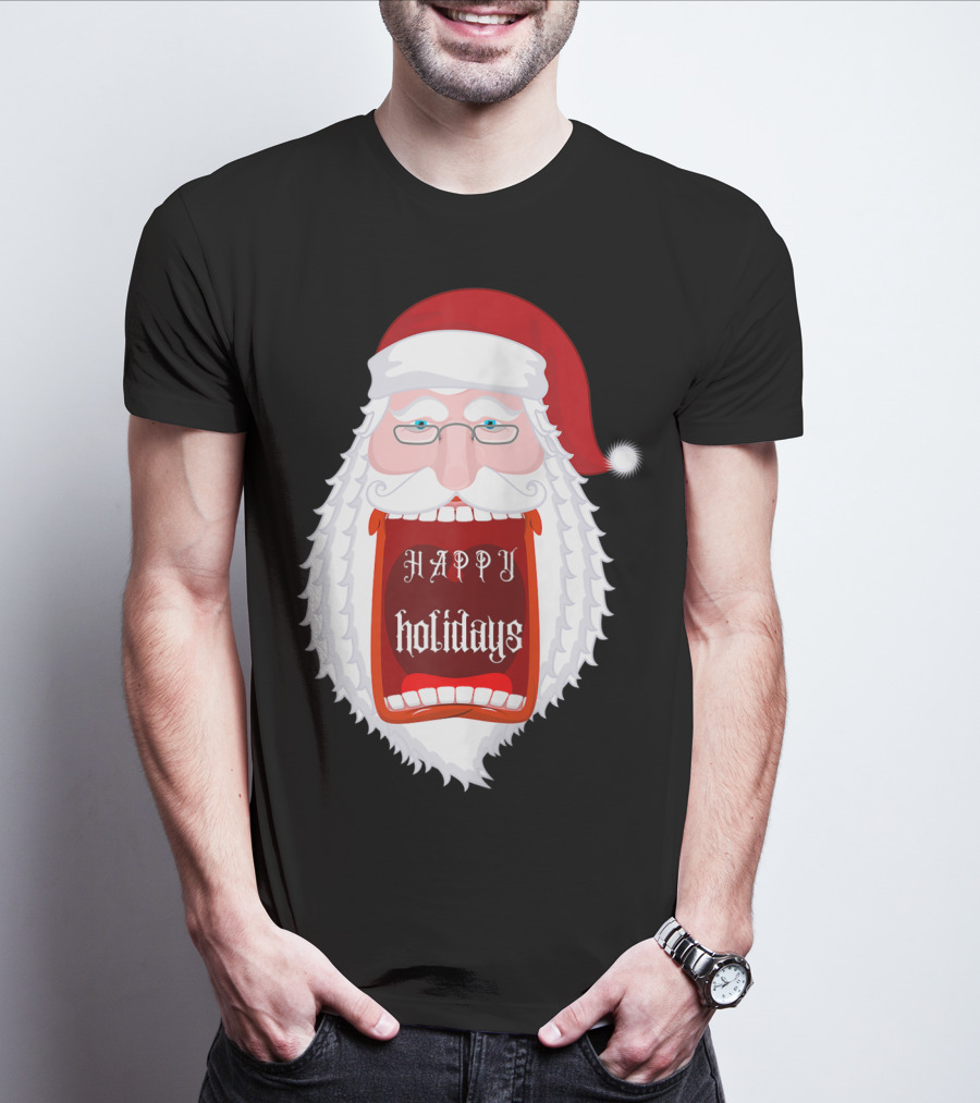 Happy Holidays Santa Zip Screaming Mouth With Glasses T-Shirt