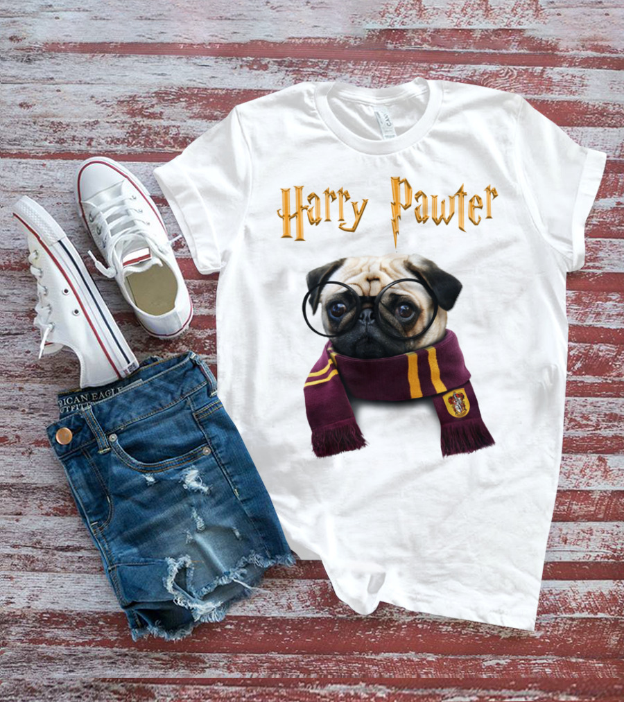 Harry Pawter Cute Puggy Dogs Potte Pups Wizard Pug With Glasses And Scarf T-Shirt