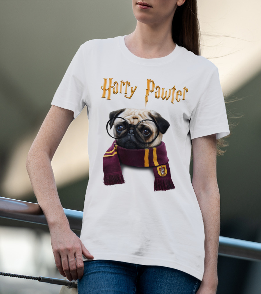 Harry Pawter Cute Puggy Dogs Potte Pups Wizard Pug With Glasses And Scarf T-Shirt