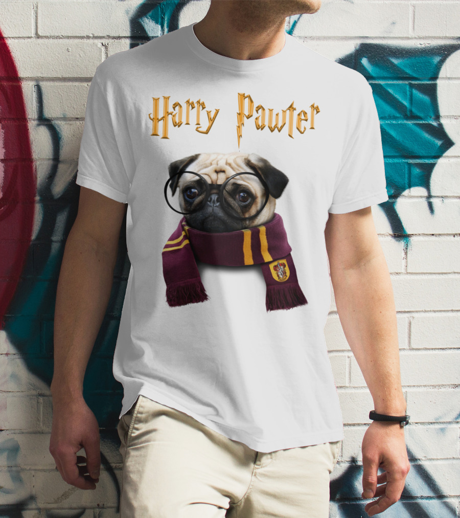 Harry Pawter Cute Puggy Dogs Potte Pups Wizard Pug With Glasses And Scarf T-Shirt