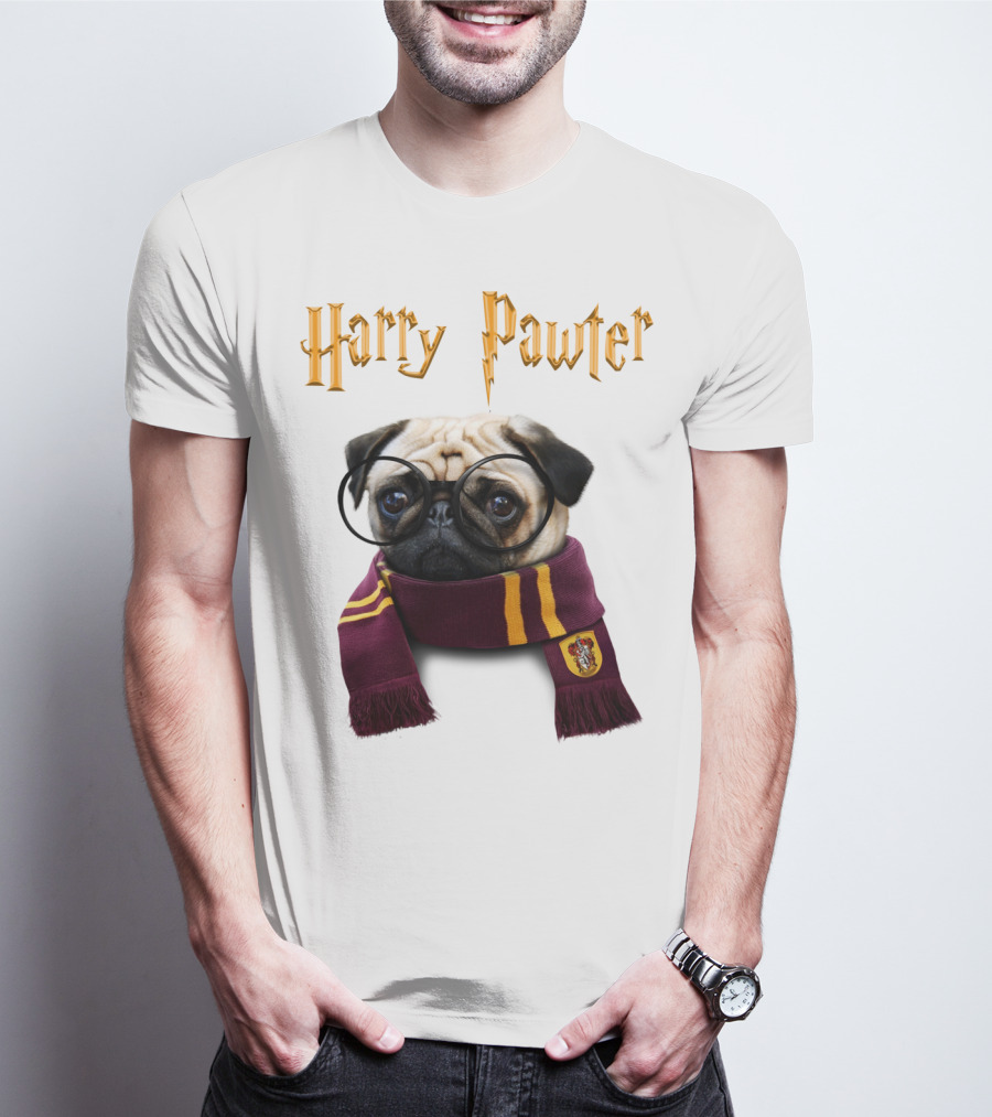 Harry Pawter Cute Puggy Dogs Potte Pups Wizard Pug With Glasses And Scarf T-Shirt