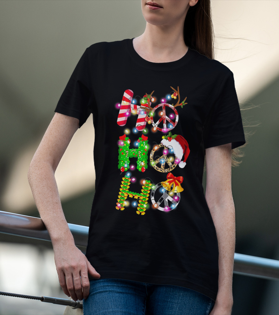 Ho Ho Ho Christmas Light Peace Sign Reindeer Santa Hat T-Shirt