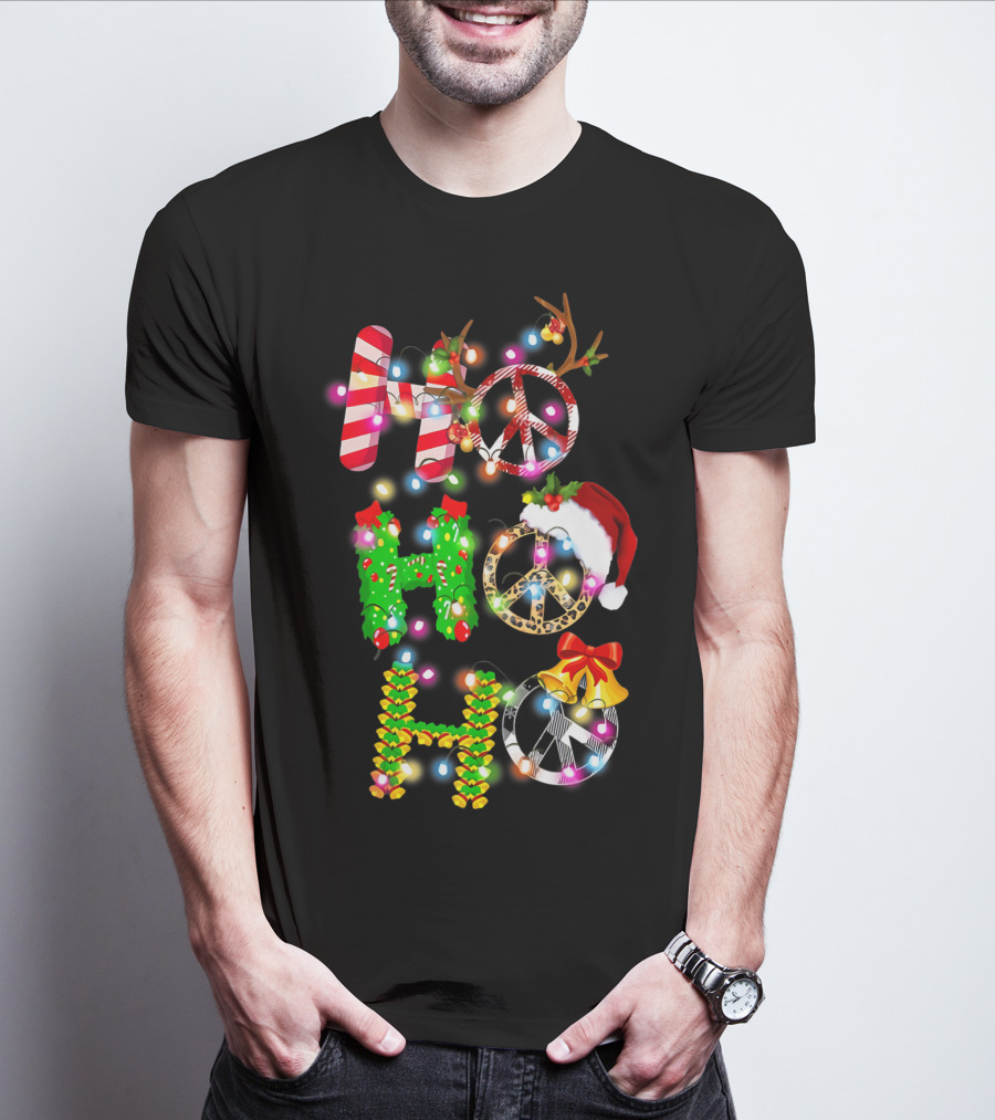 Ho Ho Ho Christmas Light Peace Sign Reindeer Santa Hat T-Shirt