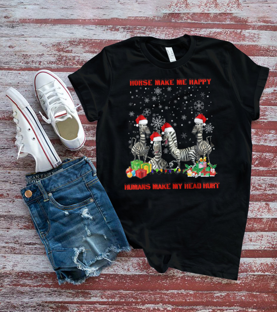 Horse Make Me Happy Humans Make My Head Hurt Christmas Zebra Snowflakes Santa Hats T-Shirt