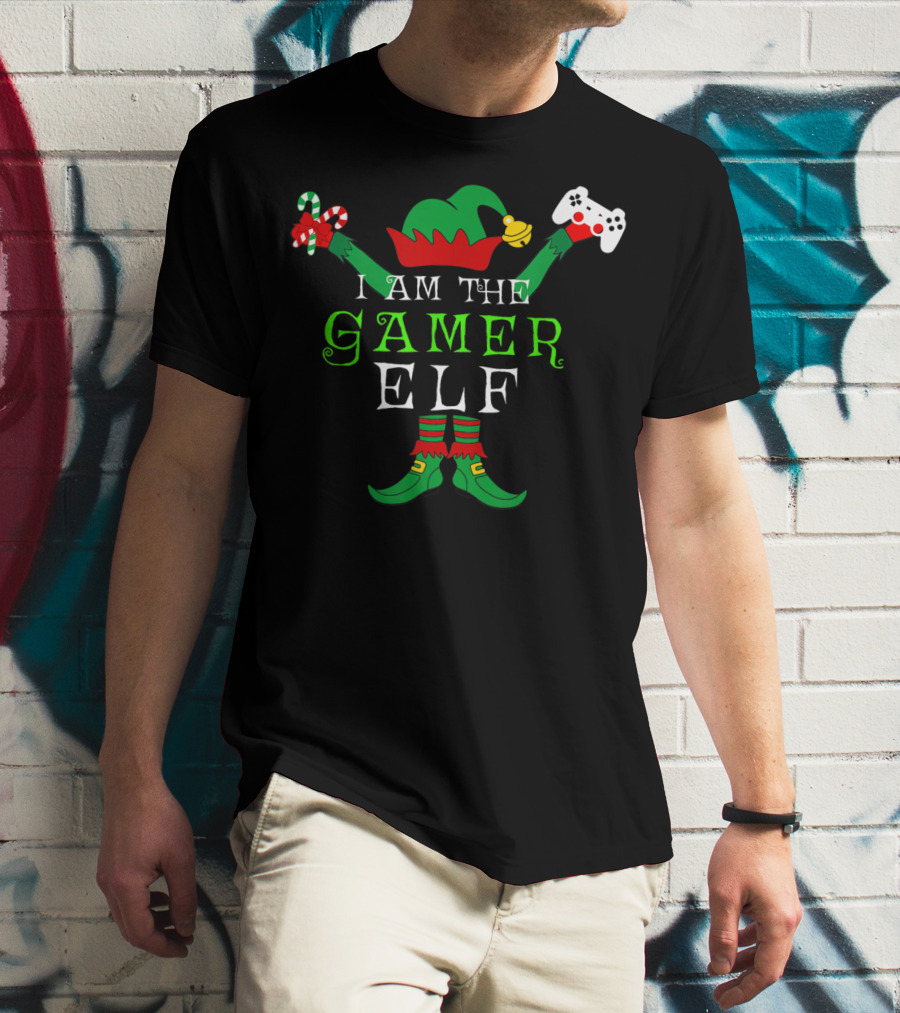 I Am The Gamer Elf With Candy Cane And Game Controller T-Shirt