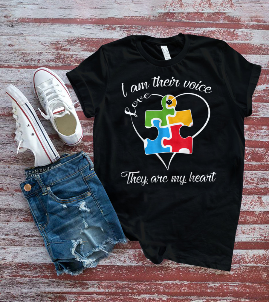 I Am Their Voice Love They Are My Heart Autism Puzzle Piece T-Shirt