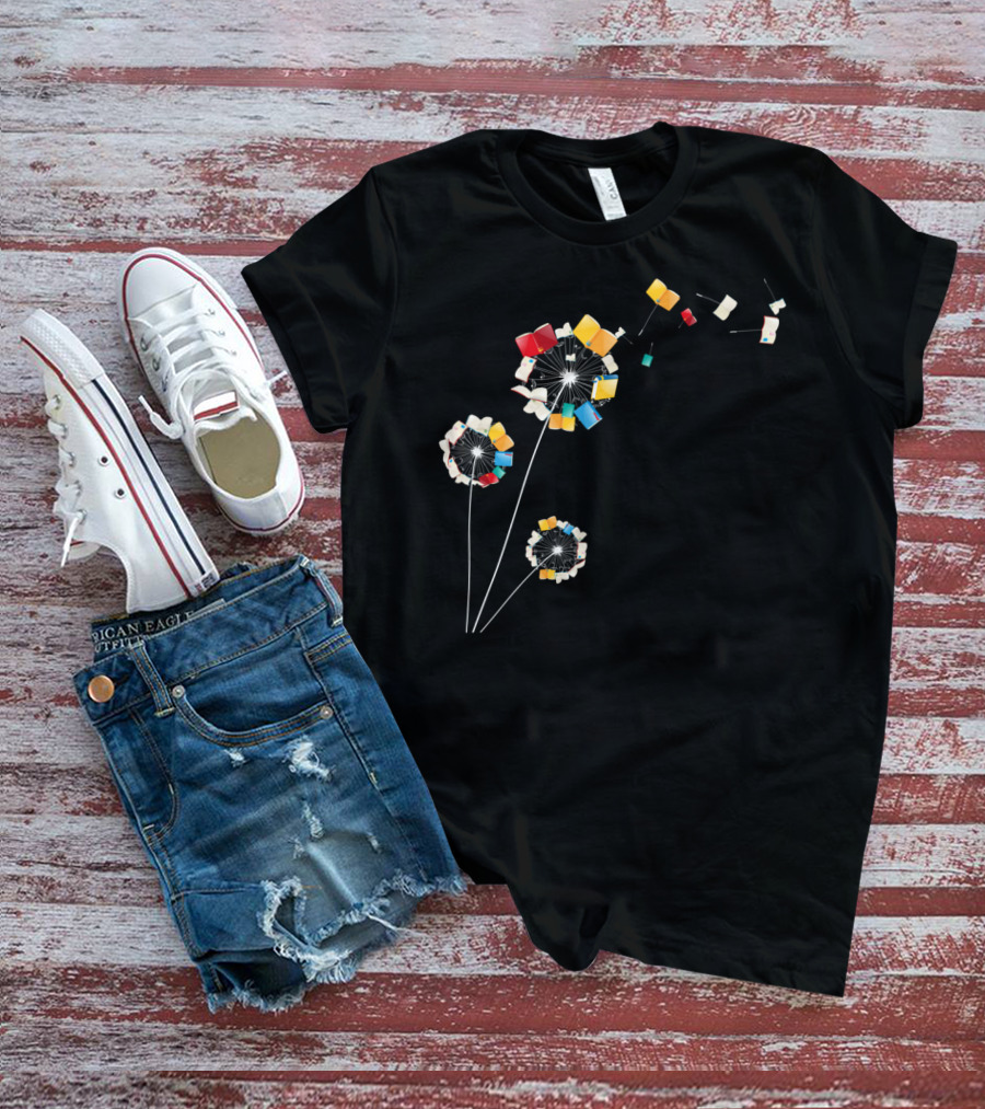 Bookworm Dandelion Blooms Into Whimsical Floral Books T-Shirt