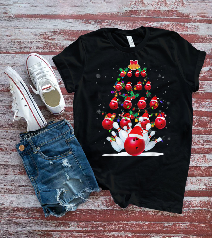 Bowling Balls Santa Hats Christmas Tree Holiday Lights Snowflakes T-Shirt