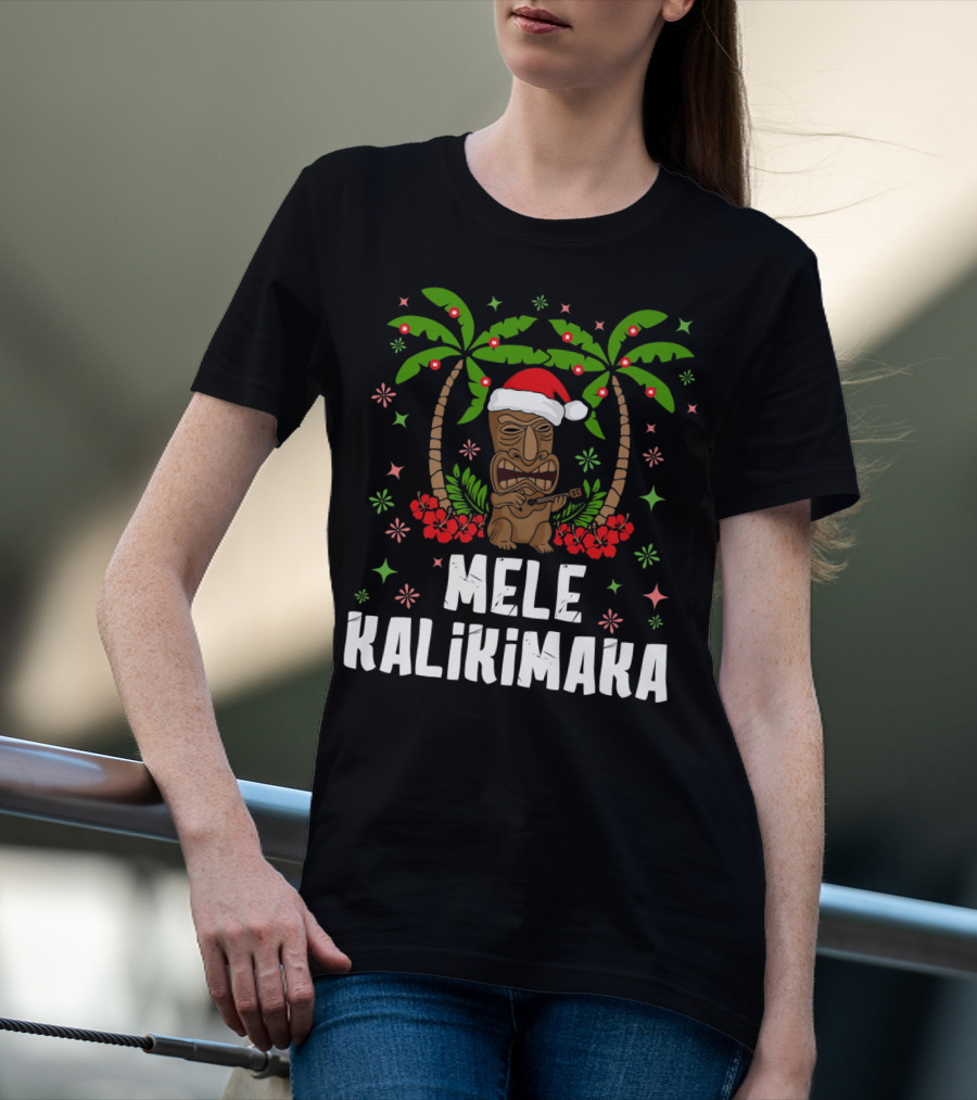Mele Kalikimaka Santa Tiki Hawaiian Christmas Palms T-Shirt
