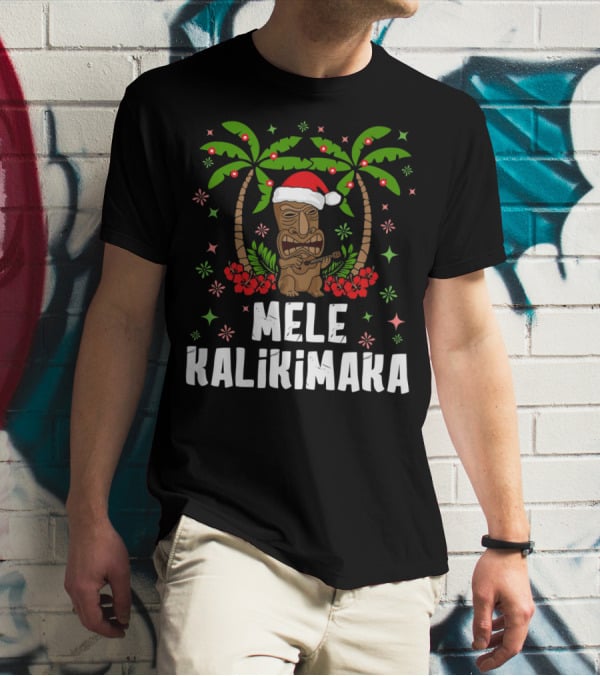 Mele Kalikimaka Santa Tiki Hawaiian Christmas Palms T-Shirt