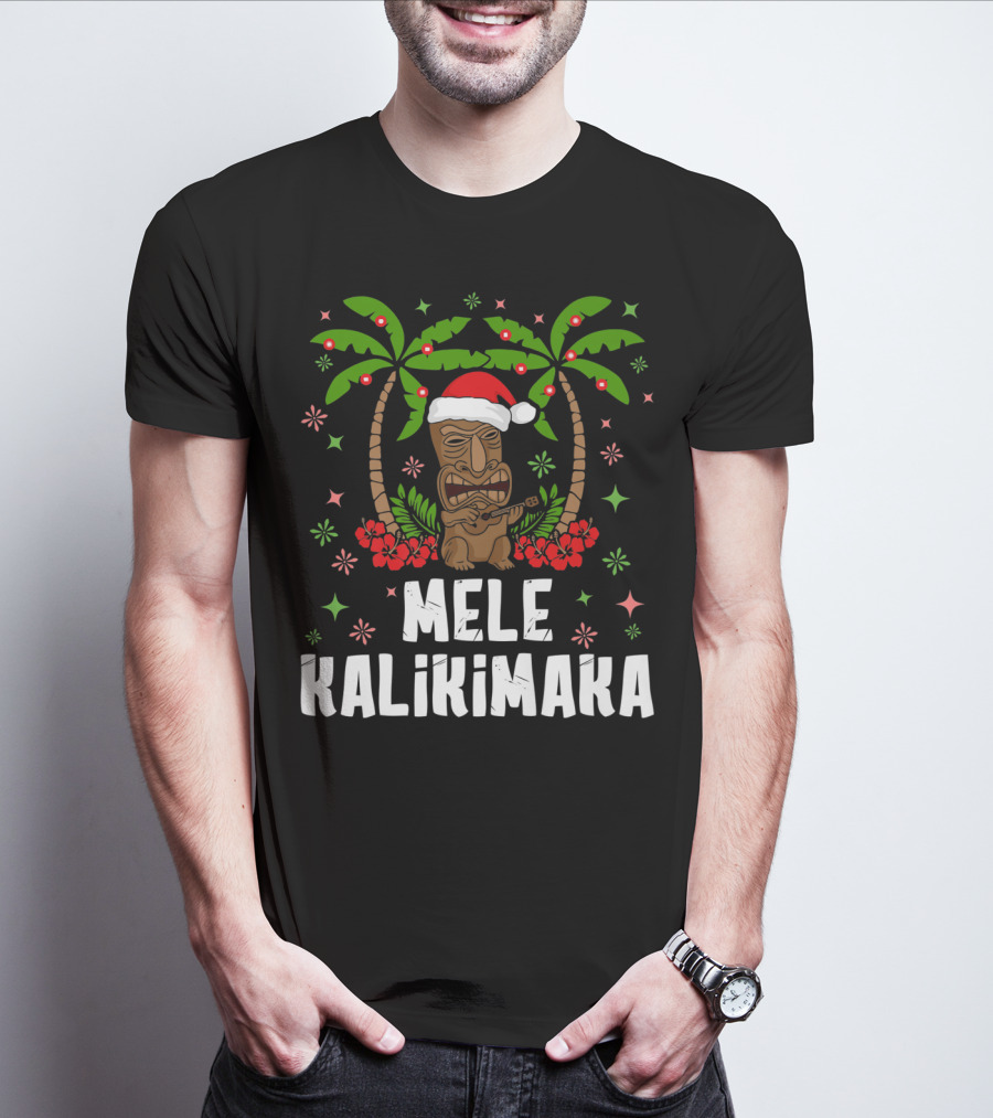 Mele Kalikimaka Santa Tiki Hawaiian Christmas Palms T-Shirt