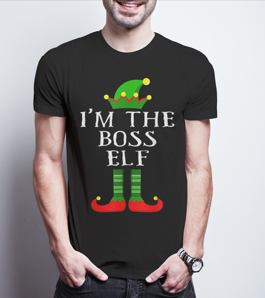 I'm The Boss Elf Christmas Humor Green Hat Striped Socks Red Shoes T-Shirt