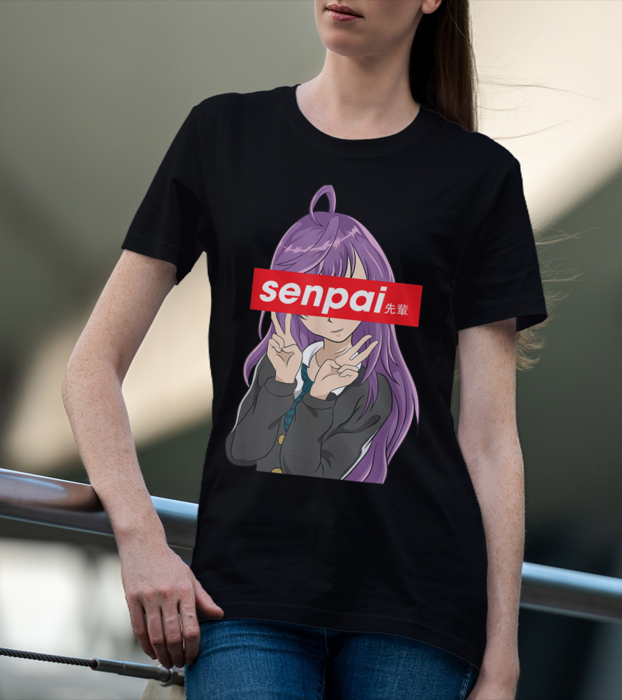 Japanese Anime Girl Senpai Purple Hair Peace Sign T-Shirt