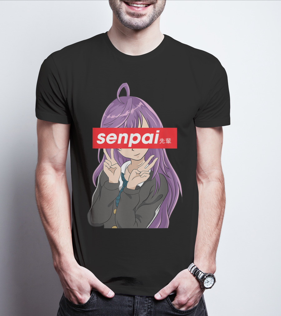 Japanese Anime Girl Senpai Purple Hair Peace Sign T-Shirt