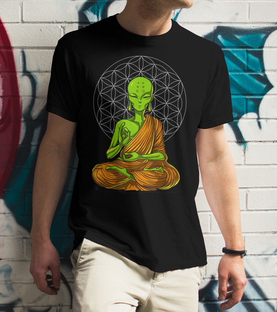Alien Yoga Meditation Zen Namaste Buddha With Mandala Background T-Shirt