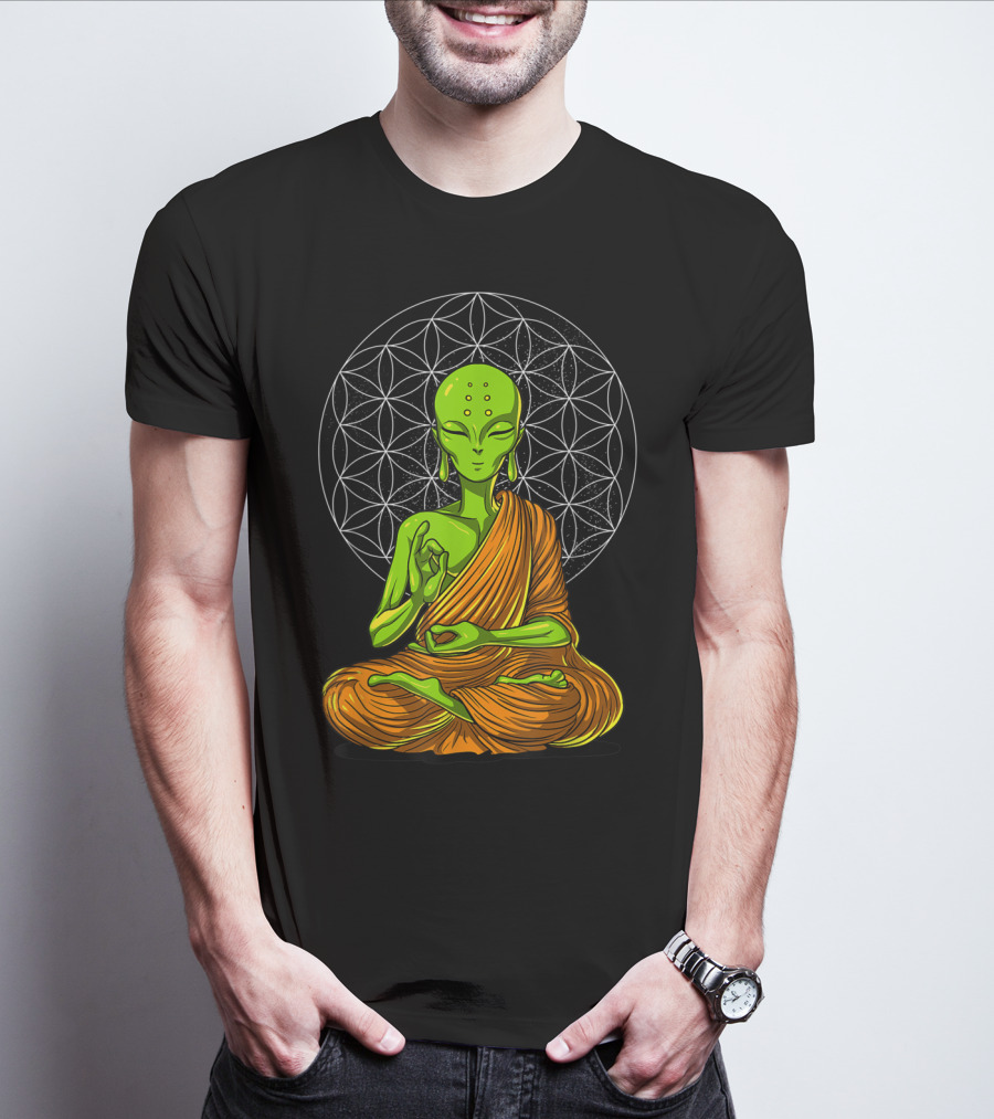 Alien Yoga Meditation Zen Namaste Buddha With Mandala Background T-Shirt