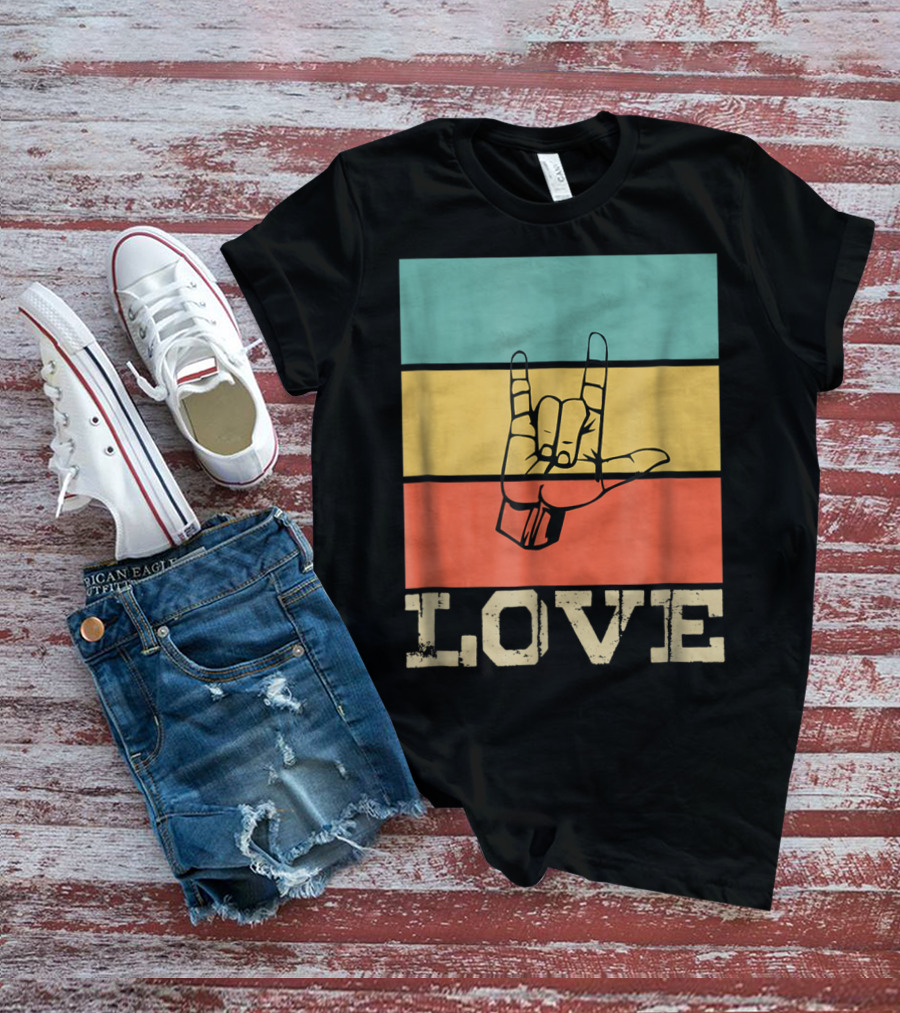 ASL Love Vintage Hand Sign Retro Color Blocks T-Shirt