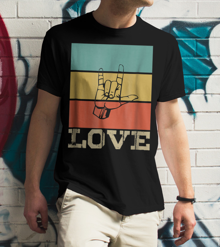 ASL Love Vintage Hand Sign Retro Color Blocks T-Shirt
