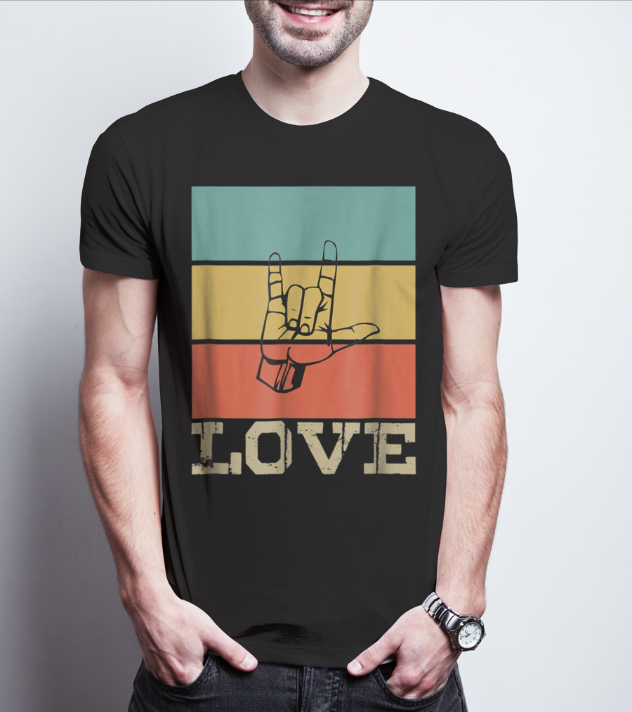 ASL Love Vintage Hand Sign Retro Color Blocks T-Shirt