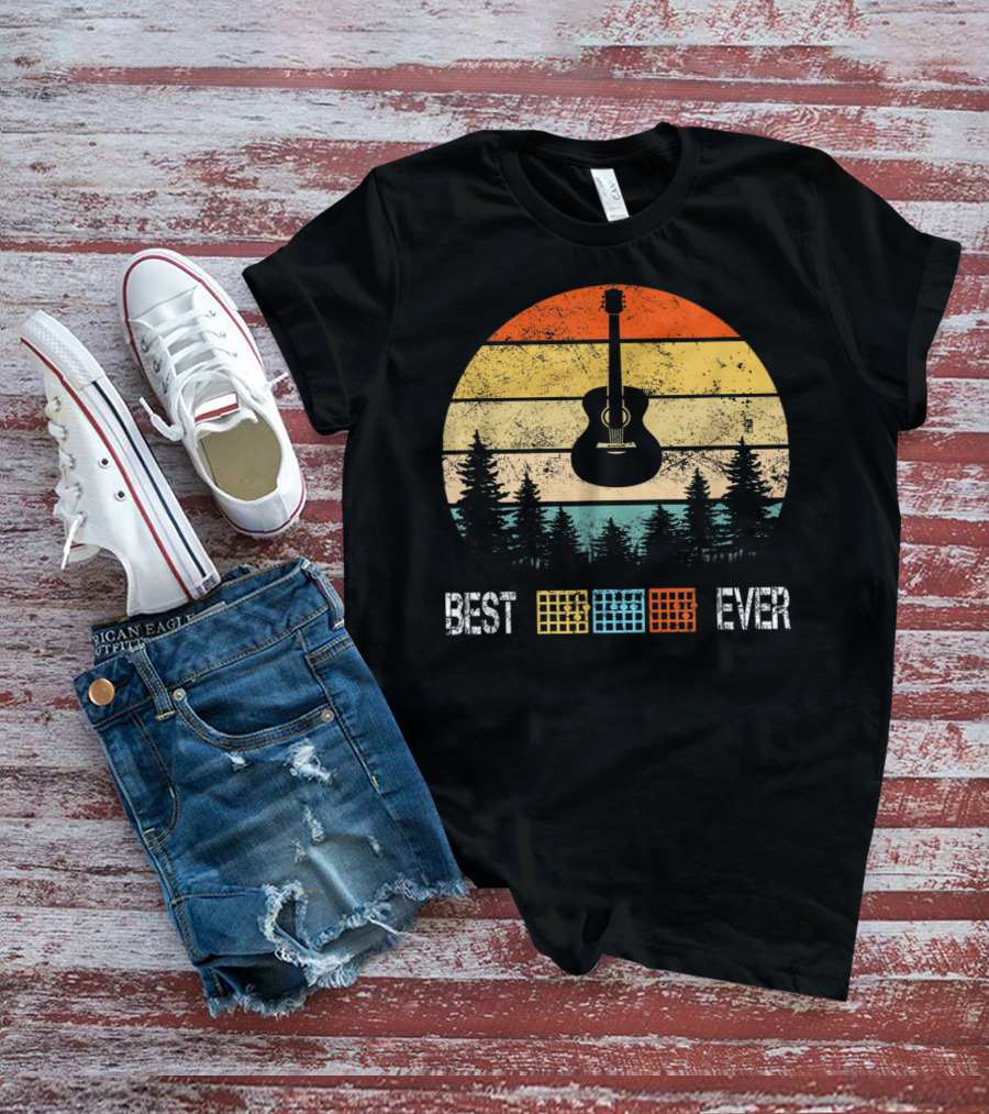 Best Guitar Chords Dad Ever Retro Sunset Forest T-Shirt