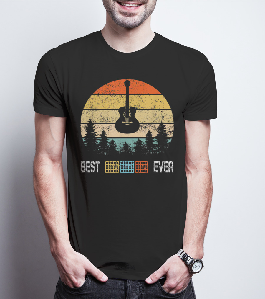 Best Guitar Chords Dad Ever Retro Sunset Forest T-Shirt